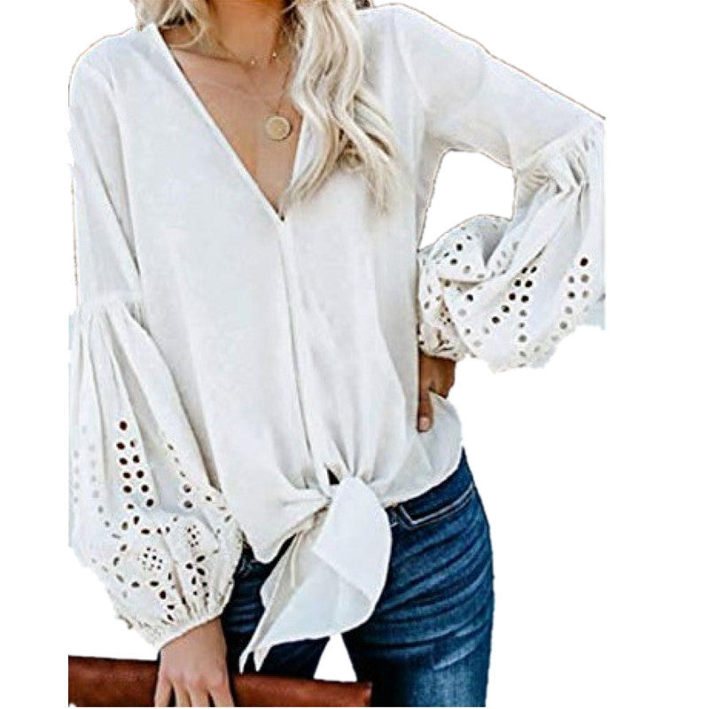 V-neck lace puff sleeve cuffs elastic and elegant casual top