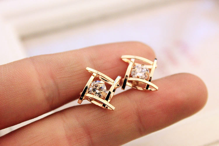 Square zircon earrings Tic-Tac-Toe Hollow Copper Earrings