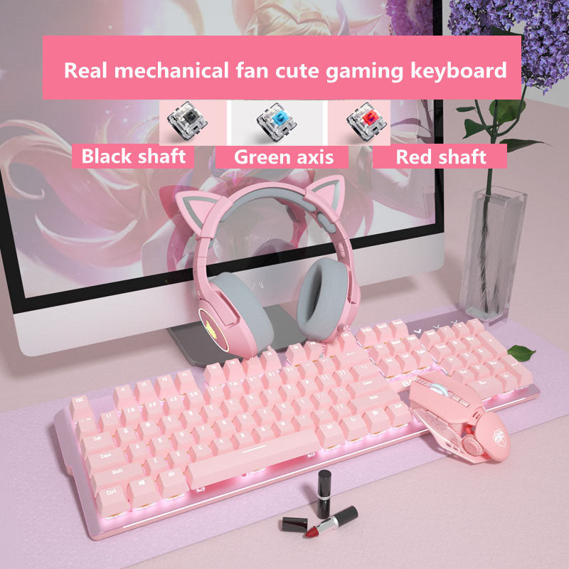 Pink Real Mechanical Keyboard And Mouse Set For Girls E-Sports Games Dedicated Wired Green Axis Red Axis