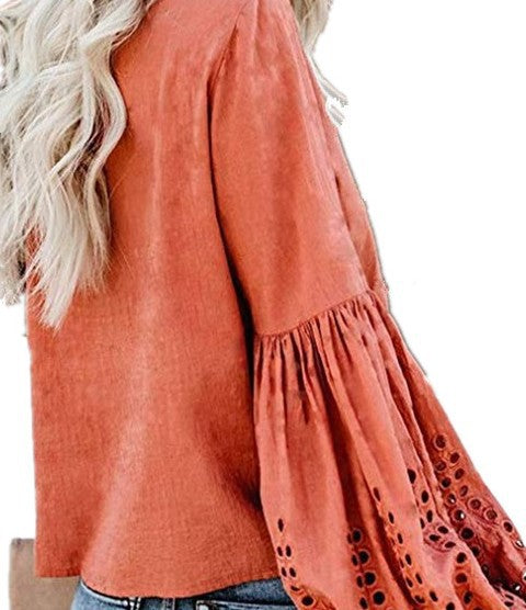 V-neck lace puff sleeve cuffs elastic and elegant casual top