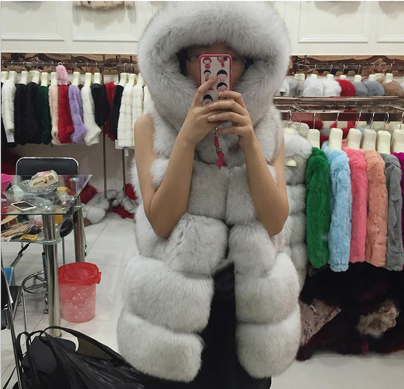 Waistcoat Faux Fur Vest Women Hooded Faux Fox