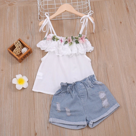 Summer Thin Suit Flower Decoration Sling Top+Denim Shorts 2Pcs Clothing Sets Children's Clothing Girl Clothing