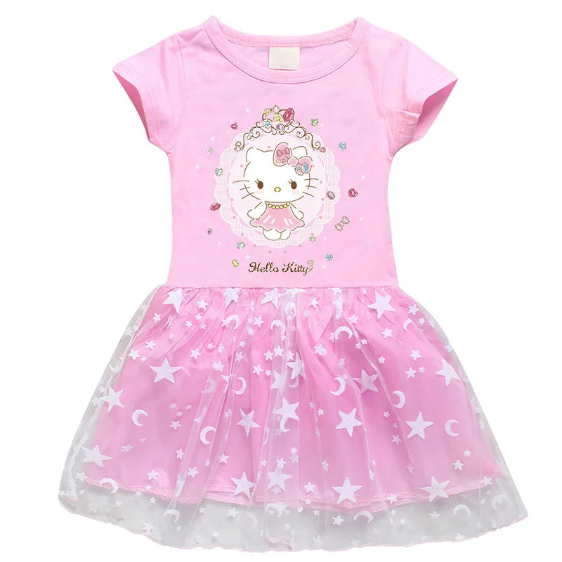 Hello Kitty Children's Clothing  Pure Cotton Fashion Princess Skirt Girls Cartoon Printed Net Yarn Short-Sleeved Pleated Dress