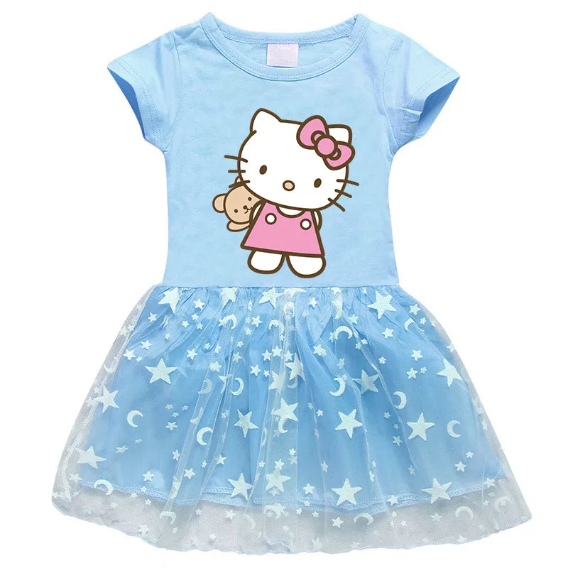 Hello Kitty Children's Clothing  Pure Cotton Fashion Princess Skirt Girls Cartoon Printed Net Yarn Short-Sleeved Pleated Dress