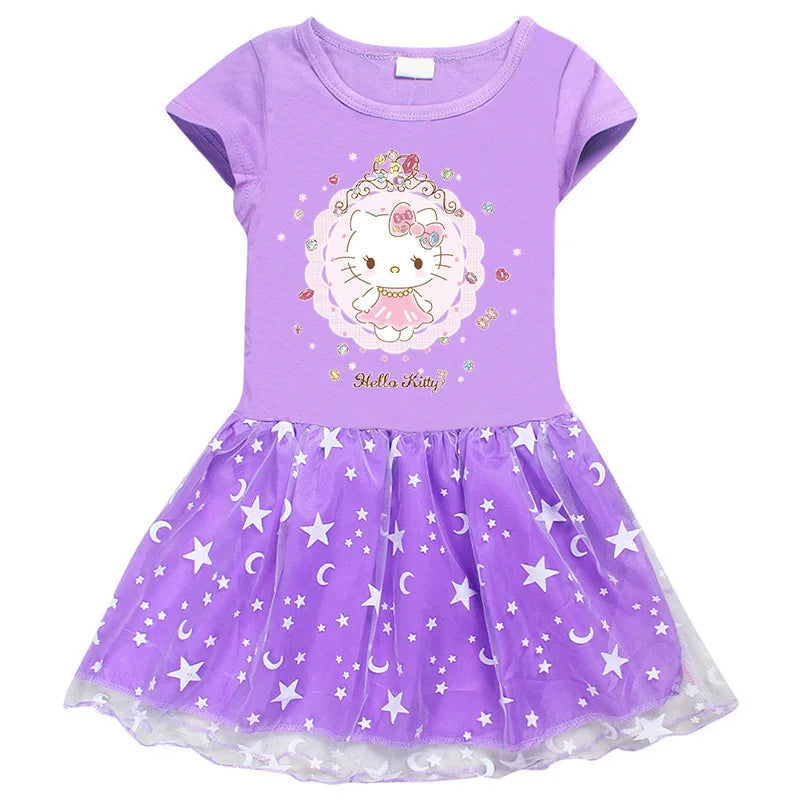 Hello Kitty Children's Clothing  Pure Cotton Fashion Princess Skirt Girls Cartoon Printed Net Yarn Short-Sleeved Pleated Dress