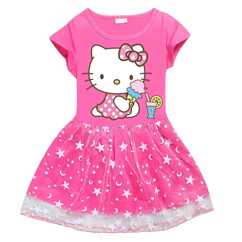 Hello Kitty Children's Clothing  Pure Cotton Fashion Princess Skirt Girls Cartoon Printed Net Yarn Short-Sleeved Pleated Dress