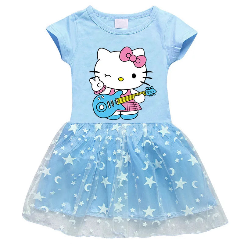 Hello Kitty Children's Clothing  Pure Cotton Fashion Princess Skirt Girls Cartoon Printed Net Yarn Short-Sleeved Pleated Dress