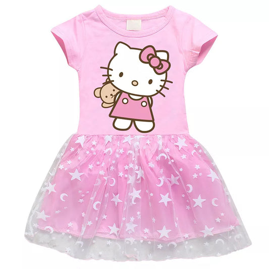 Hello Kitty Children's Clothing  Pure Cotton Fashion Princess Skirt Girls Cartoon Printed Net Yarn Short-Sleeved Pleated Dress