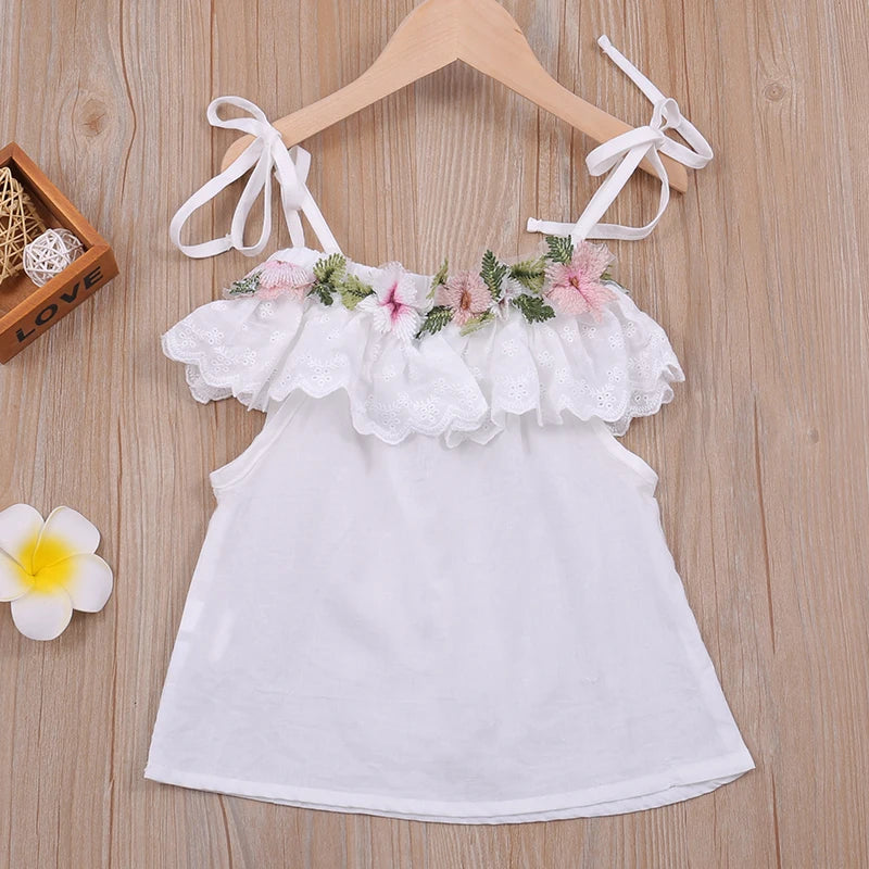 Summer Thin Suit Flower Decoration Sling Top+Denim Shorts 2Pcs Clothing Sets Children's Clothing Girl Clothing