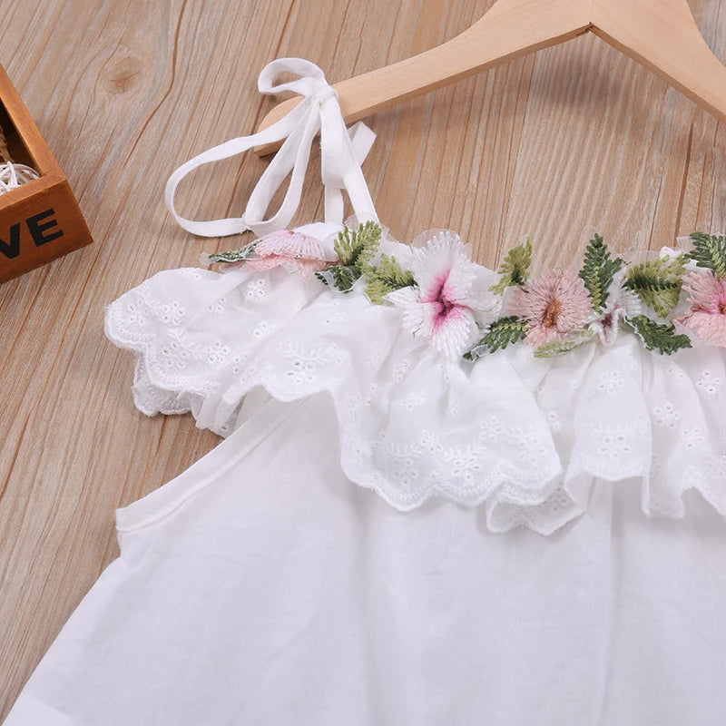 Summer Thin Suit Flower Decoration Sling Top+Denim Shorts 2Pcs Clothing Sets Children's Clothing Girl Clothing