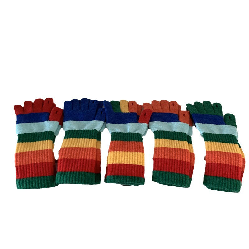 Contrast Color Rainbow Gloves Knitted Wool