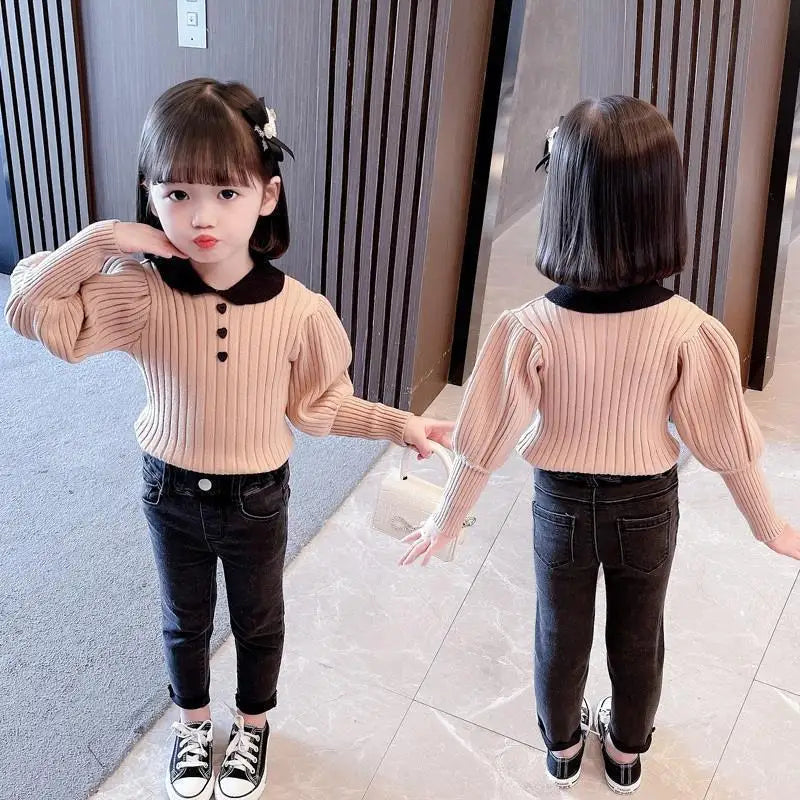 Children's Cute Fashion T-shirt Girl Baby Knit Sweater Sweater Spring Children's Long Sleeve Casual Versatile Clothing