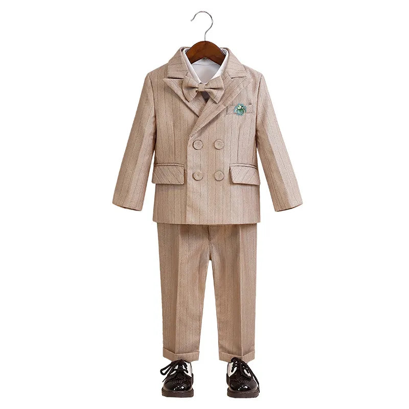 Children's Khaki Striped Suit Set Boy's Suspenders Long Shorts Vest Shirt Bowtie Clothes Kids Wedding Birthday Party Costume