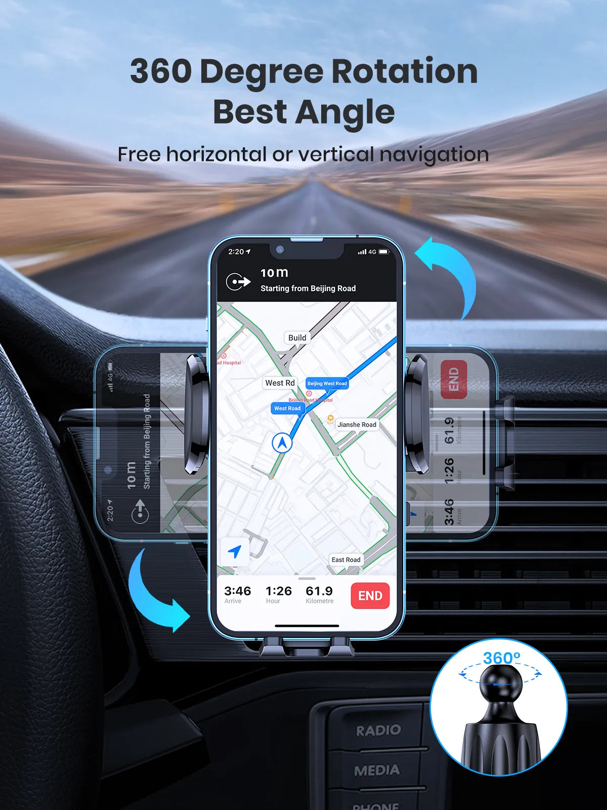 TOPK D36-G Universal Car Phone Holder with Hook Clip Air Vent Car Mount 360° Rotation Universal Mobile Phone Mount for Cellphone