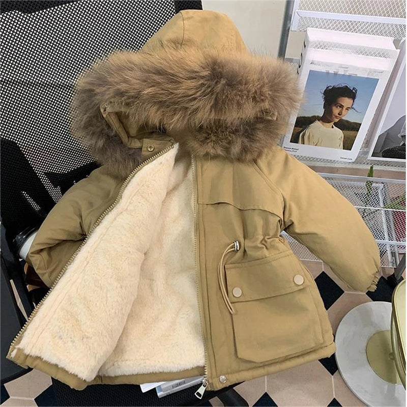 Winter Children's Padded Coats Fashion Boys Cotton Warm Hooded Jackets Baby Girls Fleece Fur Collar Jackets Kids Clothing