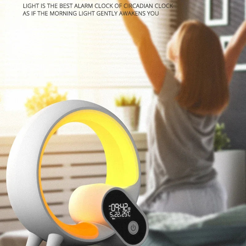 Bluetooth Speaker LED Alarm Clock.RGB Colorful Atmosphere Night Light Lamp.Sunrise Simulation Wake Up.10W Wireless Phone Charger