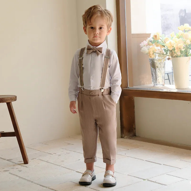 Children's Khaki Striped Suit Set Boy's Suspenders Long Shorts Vest Shirt Bowtie Clothes Kids Wedding Birthday Party Costume