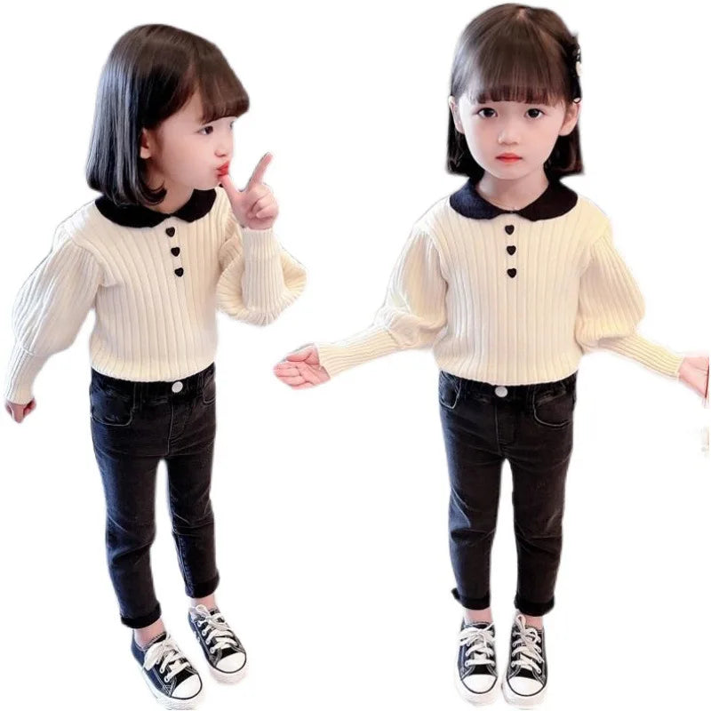 Children's Cute Fashion T-shirt Girl Baby Knit Sweater Sweater Spring Children's Long Sleeve Casual Versatile Clothing