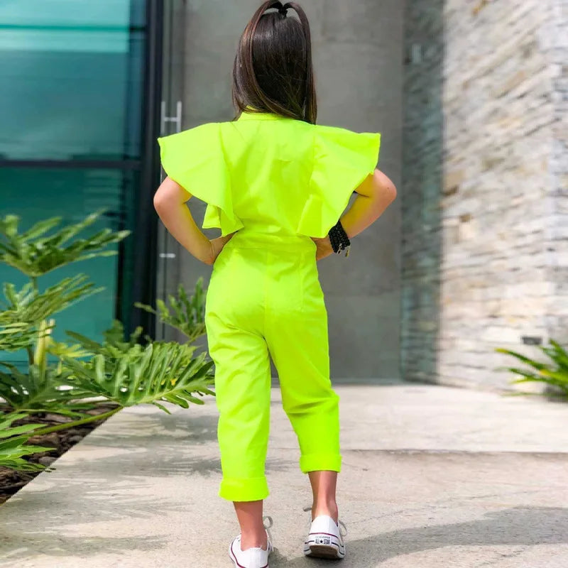 Girls Fashion Jumpsuit Summer Children's Clothing Dance Short Sleeve Green Zipper Bodysuits Overalls