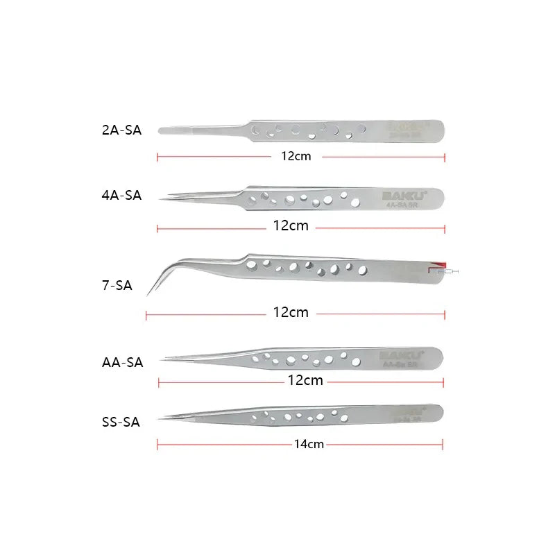 Tweezers of BAKU Hollow-Out Design, Ultra Rigidity Fine Point Anti-Static Stainless Steel Tweezers Set for iPhone Repair