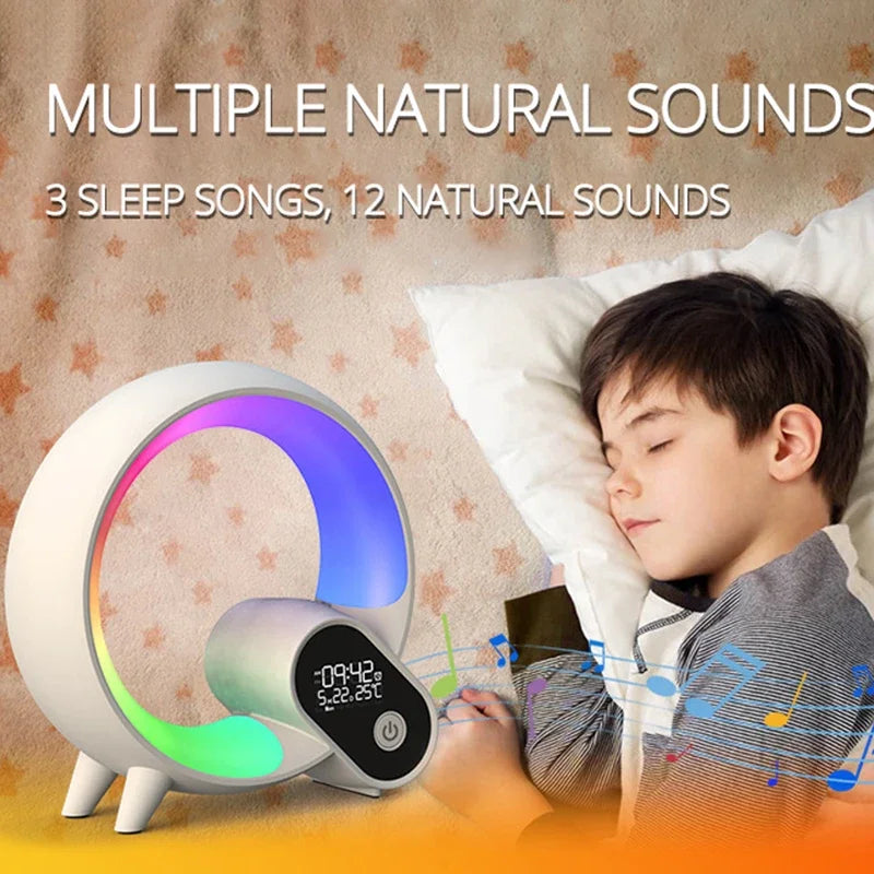 Bluetooth Speaker LED Alarm Clock.RGB Colorful Atmosphere Night Light Lamp.Sunrise Simulation Wake Up.10W Wireless Phone Charger