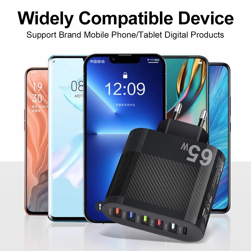 65W USB Charger PD Fast Charging 4 Ports Mobile Phone Charger for Xiaomi iPhone Samsung Huawei Quick Charge3.0 Fast Wall Charger