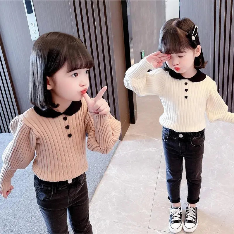 Children's Cute Fashion T-shirt Girl Baby Knit Sweater Sweater Spring Children's Long Sleeve Casual Versatile Clothing