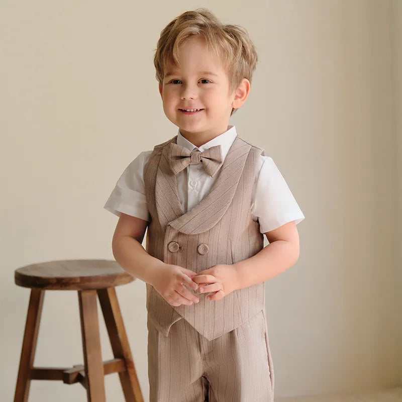 Children's Khaki Striped Suit Set Boy's Suspenders Long Shorts Vest Shirt Bowtie Clothes Kids Wedding Birthday Party Costume