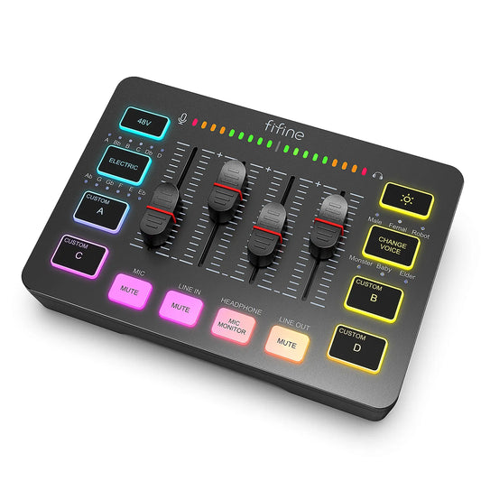 Gaming Audio Mixer, Streaming 4-Channel RGB Mixer with XLR Microphone Interface, for Game Voice, Podcast, AmpliGame SC3