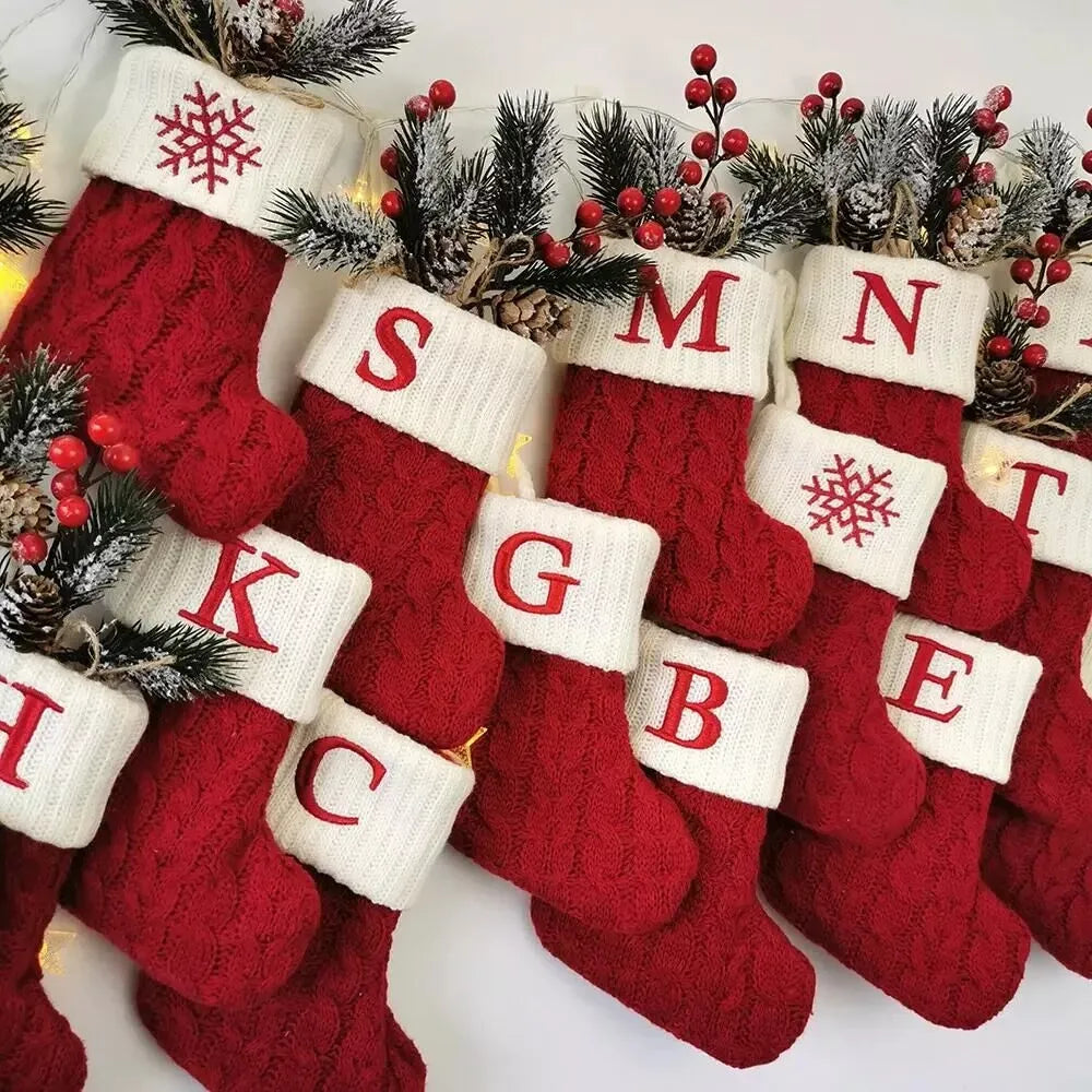 Christmas Socks Knitting Snowflake Letter Stocking  Decoration For Home Xmas Tree Ornament Gift Navidad Natal 2024