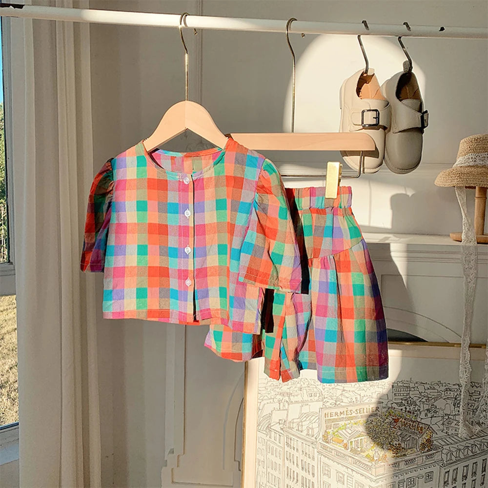 Colorful Plaid Girls Set Summer Children's Clothing Bubble Sleeve Shirt Tops + Shorts Suit Two Piece Girls Sets Outfits