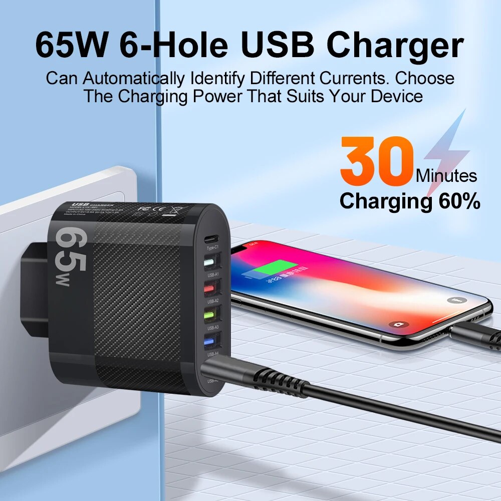 65W USB Charger PD Fast Charging 4 Ports Mobile Phone Charger for Xiaomi iPhone Samsung Huawei Quick Charge3.0 Fast Wall Charger