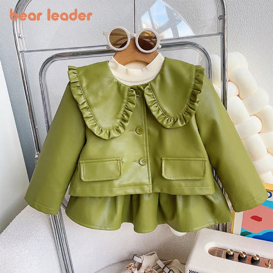 Bear Leader Girls' Set Autumn Polo Button Leather Top+Ruffled Short Skirt Two Piece Children's Fashion Set Girls' Clothing