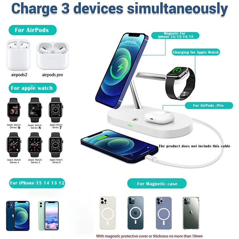 3 in 1 Wireless Charger For iPhone 15 14 13 12 Pro Max for Apple Watch 9 8 7 6 5 Airpods Pro 2 3 Fast Charging Station