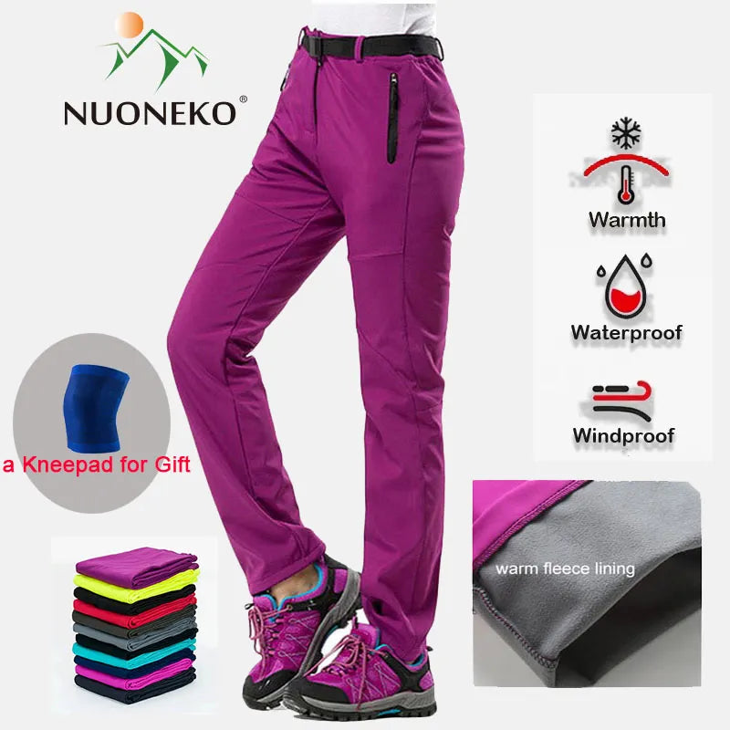 NUONEKO New Winter Womens Outdoor Pants Thick Fleece Softshell Sports Trousers Hiking Trekking Ski Waterproof Women Pants PM21