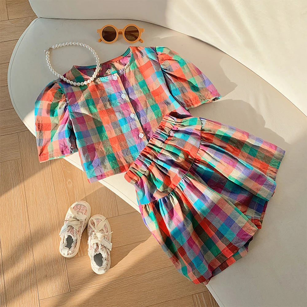 Colorful Plaid Girls Set Summer Children's Clothing Bubble Sleeve Shirt Tops + Shorts Suit Two Piece Girls Sets Outfits