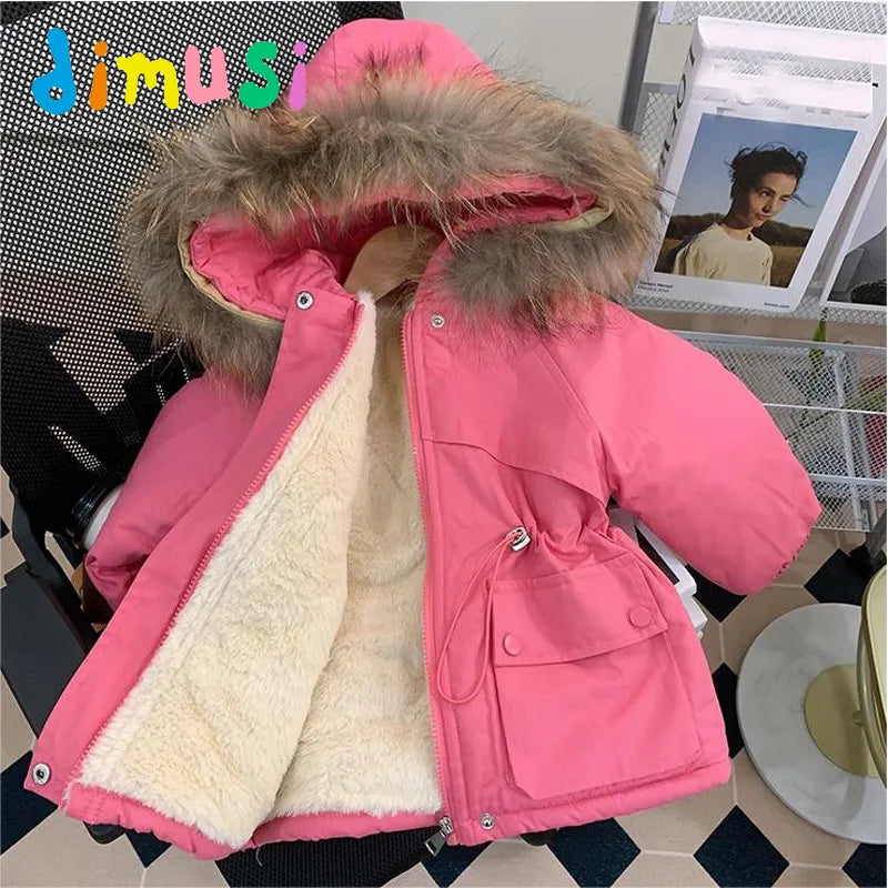 Winter Children's Padded Coats Fashion Boys Cotton Warm Hooded Jackets Baby Girls Fleece Fur Collar Jackets Kids Clothing