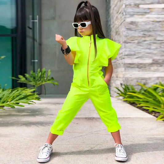 Girls Fashion Jumpsuit Summer Children's Clothing Dance Short Sleeve Green Zipper Bodysuits Overalls