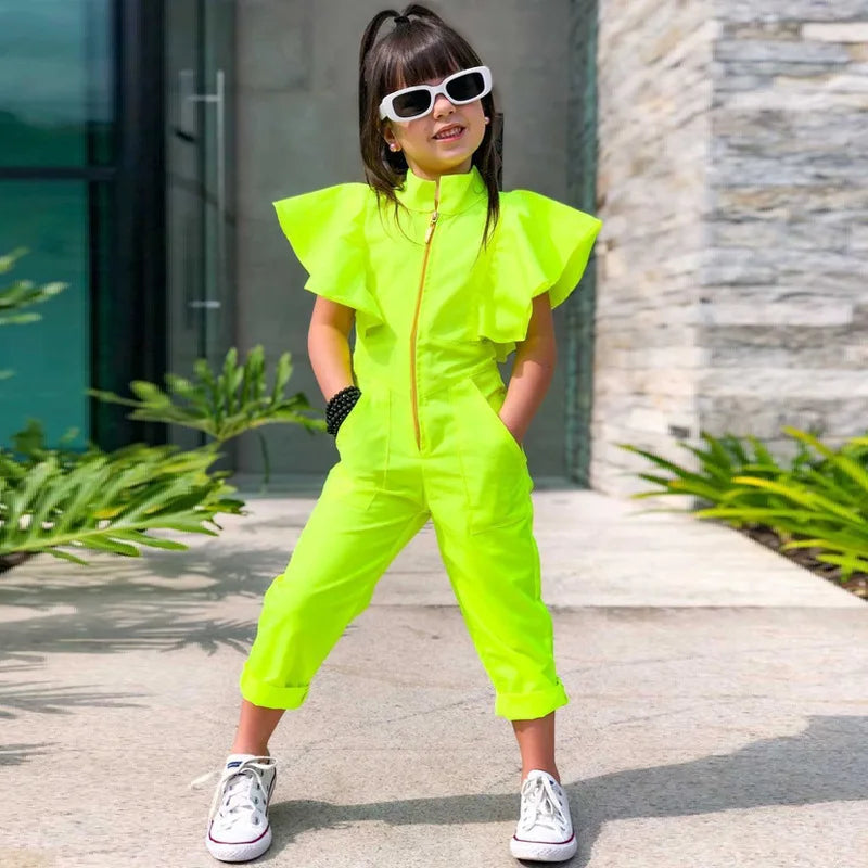 Girls Fashion Jumpsuit Summer Children's Clothing Dance Short Sleeve Green Zipper Bodysuits Overalls