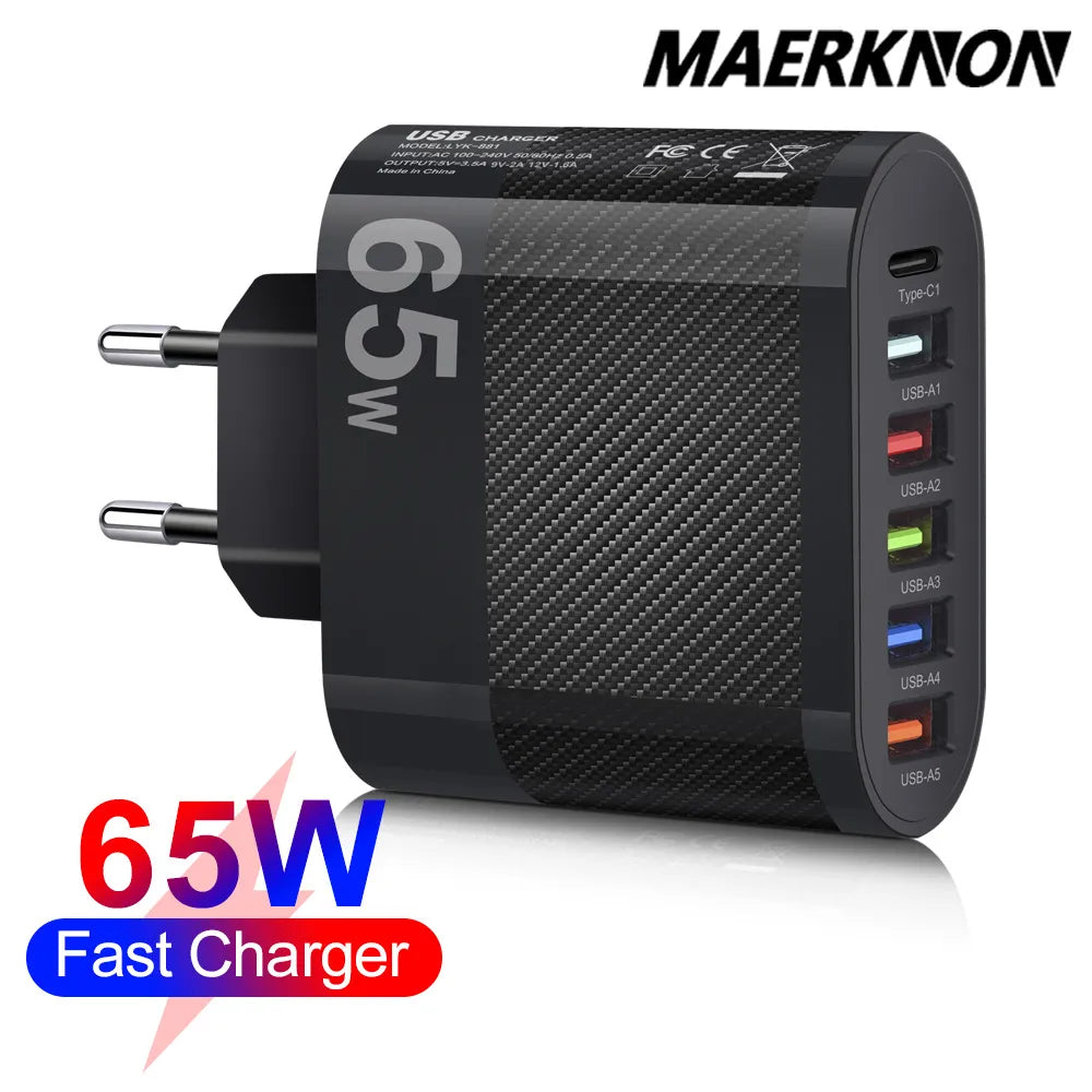 65W USB Charger PD Fast Charging 4 Ports Mobile Phone Charger for Xiaomi iPhone Samsung Huawei Quick Charge3.0 Fast Wall Charger