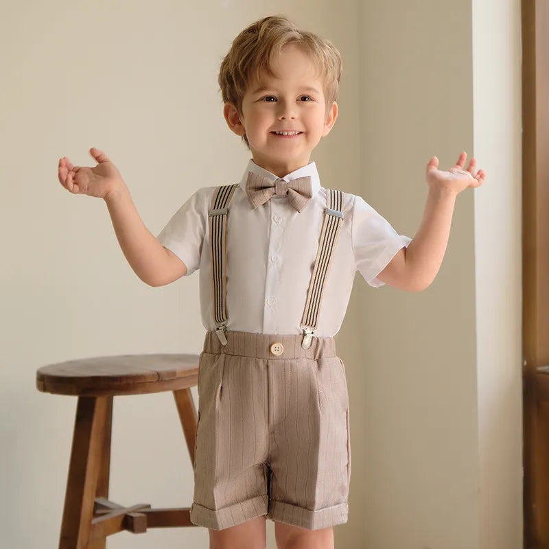 Children's Khaki Striped Suit Set Boy's Suspenders Long Shorts Vest Shirt Bowtie Clothes Kids Wedding Birthday Party Costume