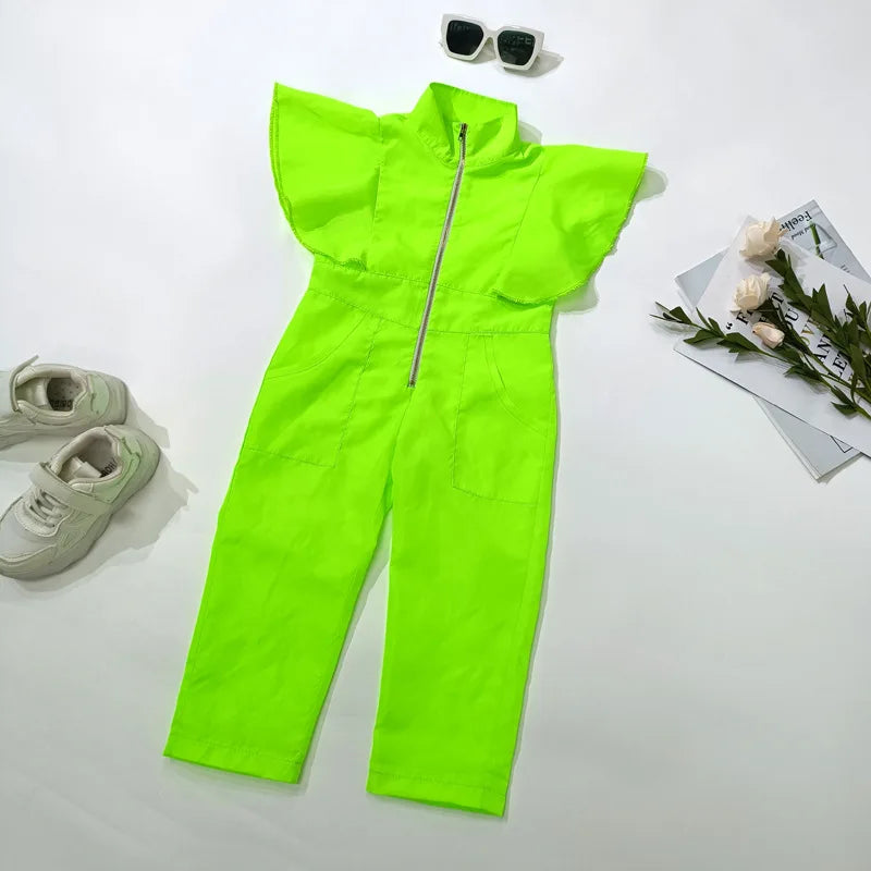 Girls Fashion Jumpsuit Summer Children's Clothing Dance Short Sleeve Green Zipper Bodysuits Overalls