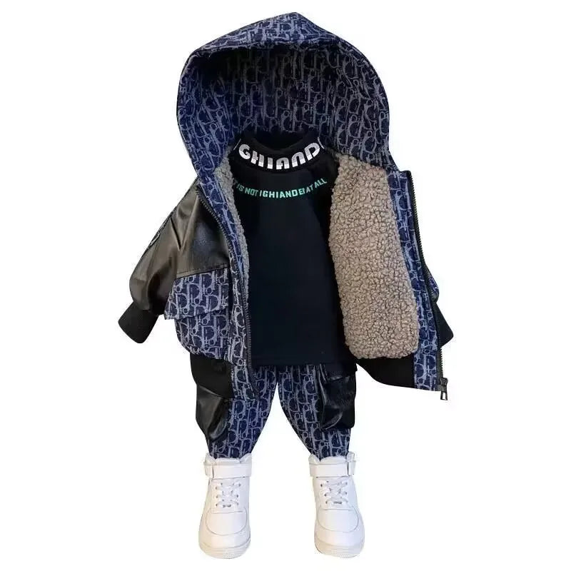 Winter Boys' Clothing Set Children's and Baby's Winter Wear Plush Thick Hooded Coat Pants 2 Piece Set