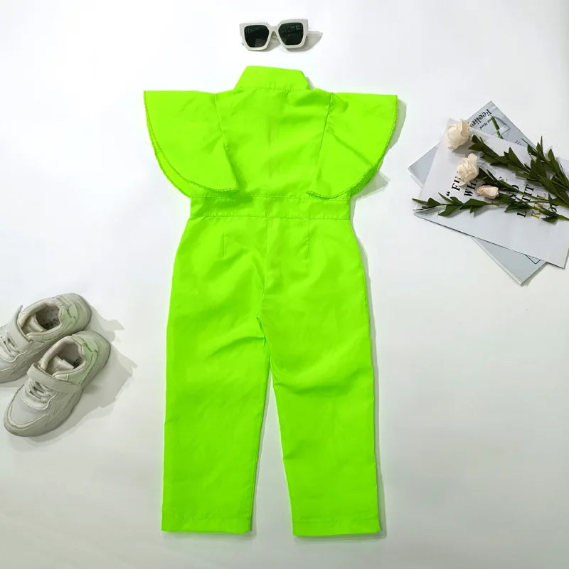 Girls Fashion Jumpsuit Summer Children's Clothing Dance Short Sleeve Green Zipper Bodysuits Overalls