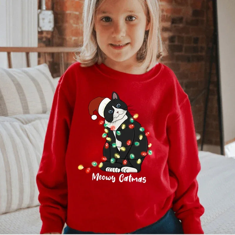 Animal Cat Print Multicolor Children's Clothing Christmas Hoodies Girls Boys Christmas Tops Sweatshirts Kids Coat