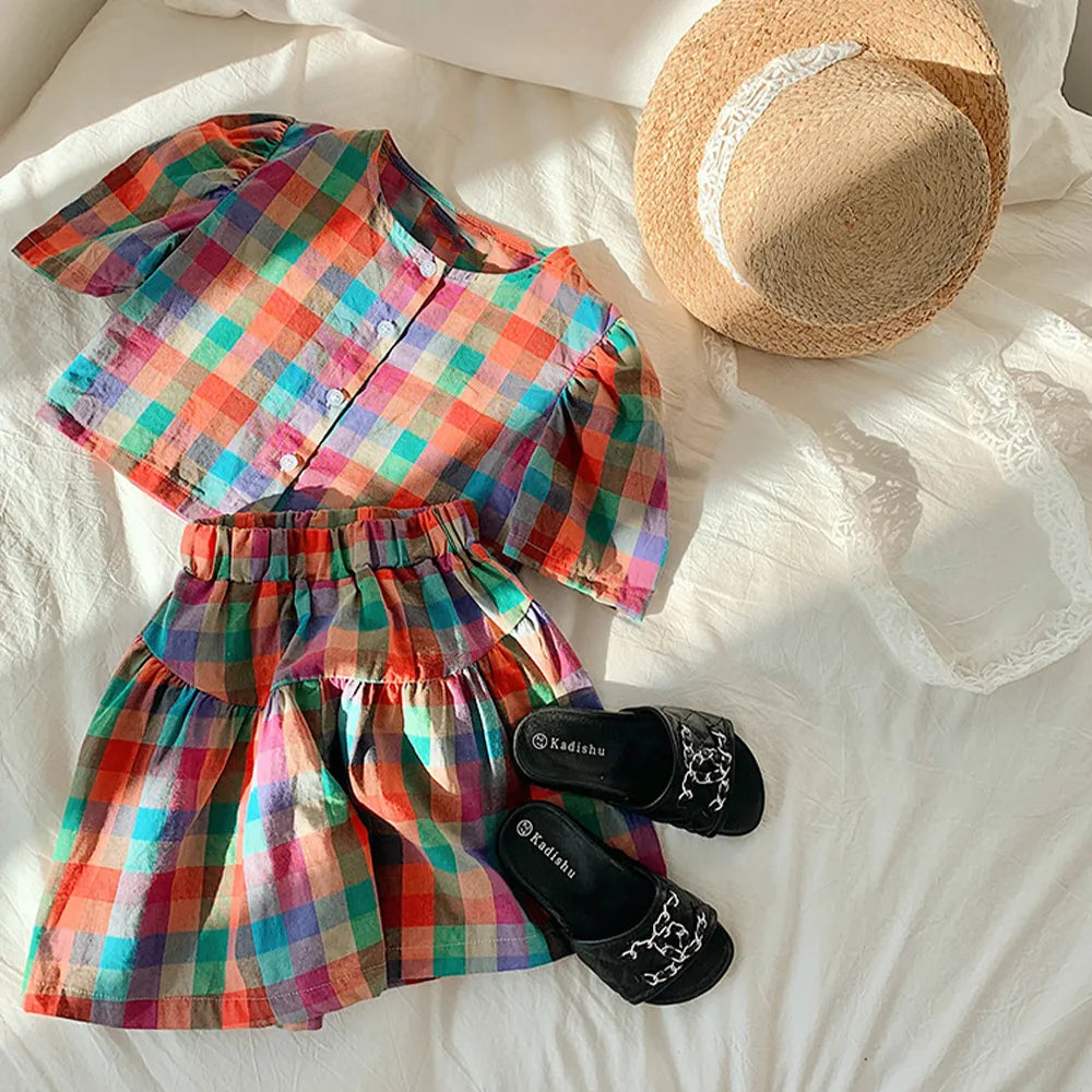 Colorful Plaid Girls Set Summer Children's Clothing Bubble Sleeve Shirt Tops + Shorts Suit Two Piece Girls Sets Outfits