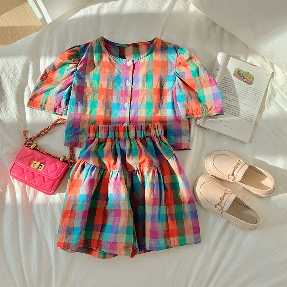 Colorful Plaid Girls Set Summer Children's Clothing Bubble Sleeve Shirt Tops + Shorts Suit Two Piece Girls Sets Outfits